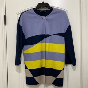 St. John Blue Geometric Color Block Wool Blend Cardigan Sweater Blazer Small EUC